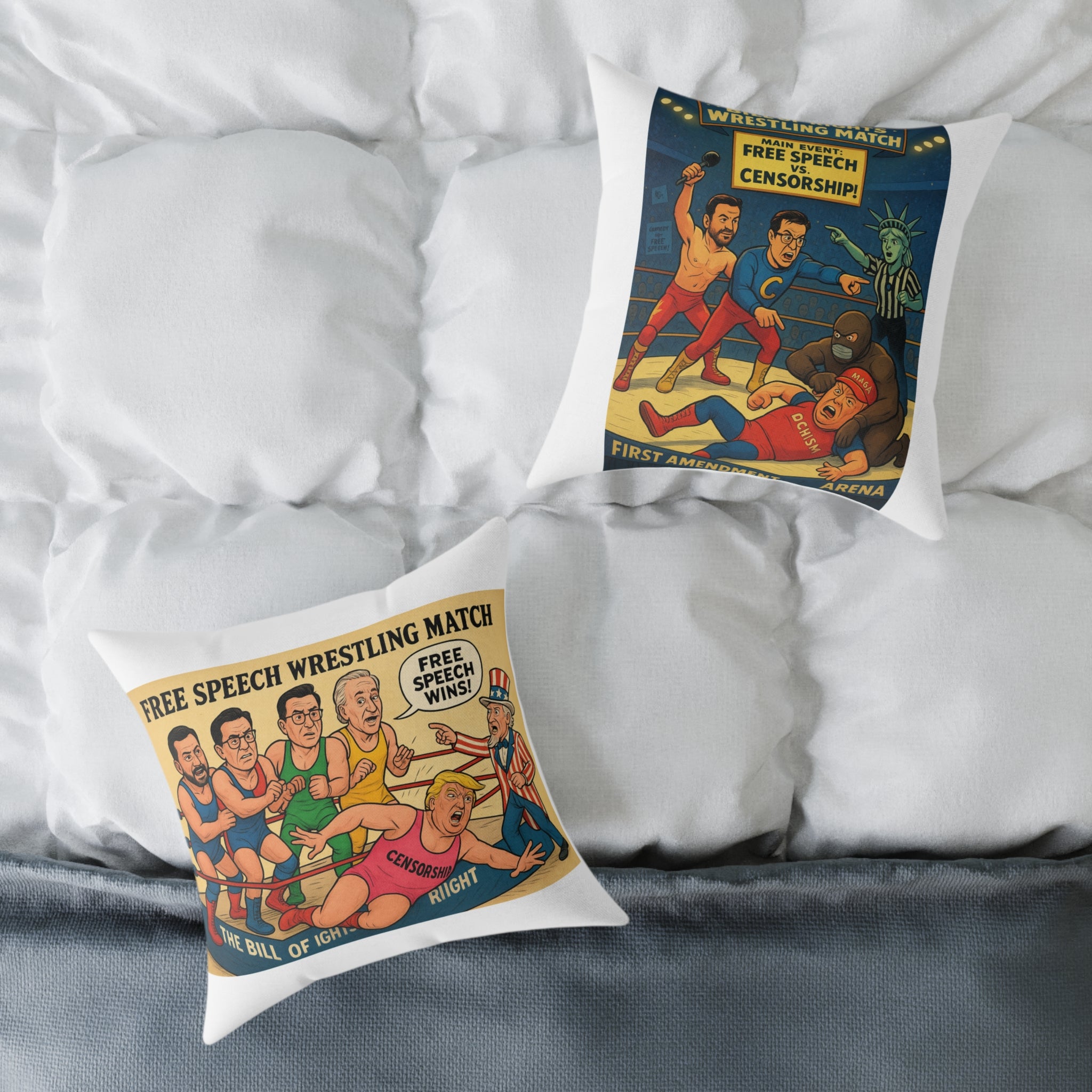 Free Speech Wrestling Match Pillow, Fun Throw Pillow, Unique Home Decor, Gift for Activists, Quirky Cushion, Humor Decorative Pillow