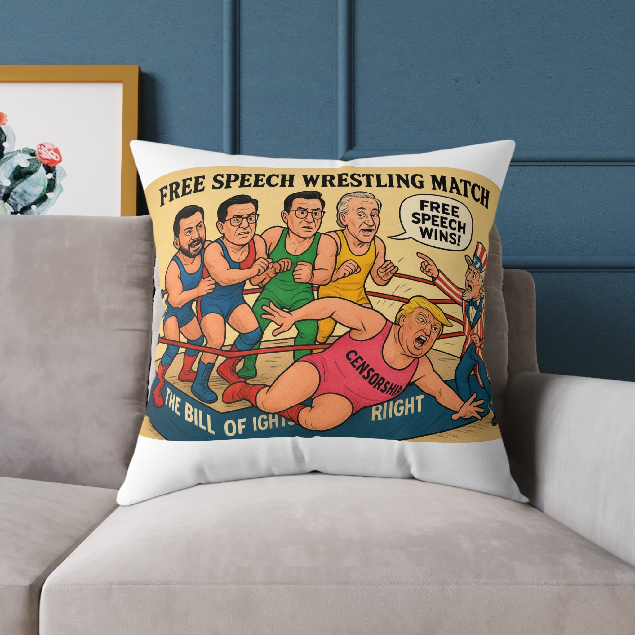 Free Speech Wrestling Match Pillow, Fun Throw Pillow, Unique Home Decor, Gift for Activists, Quirky Cushion, Humor Decorative Pillow