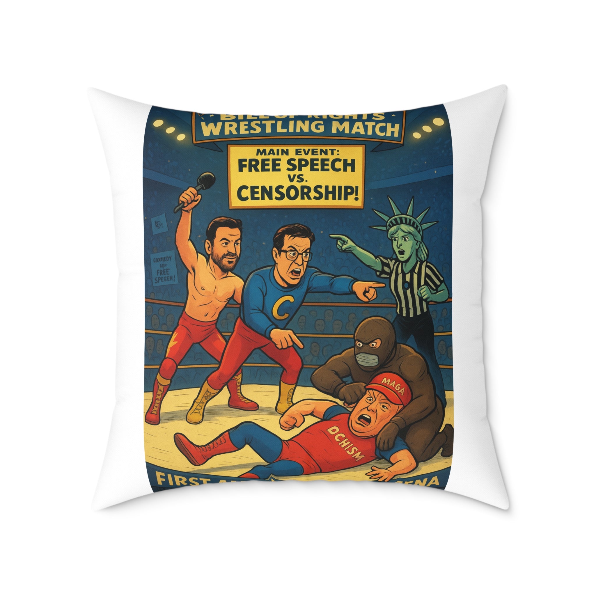 Free Speech Wrestling Match Pillow, Fun Throw Pillow, Unique Home Decor, Gift for Activists, Quirky Cushion, Humor Decorative Pillow
