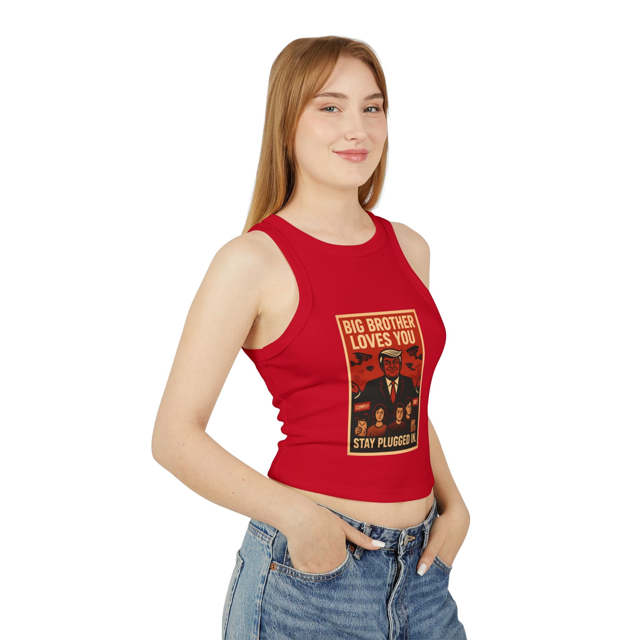 Women's Vintage-Inspired Racer Tank Top - "Big Brother Loves You" - Retro Gift, Summer Outfit, Statement Top, Festival Fashion, Graphic Tank