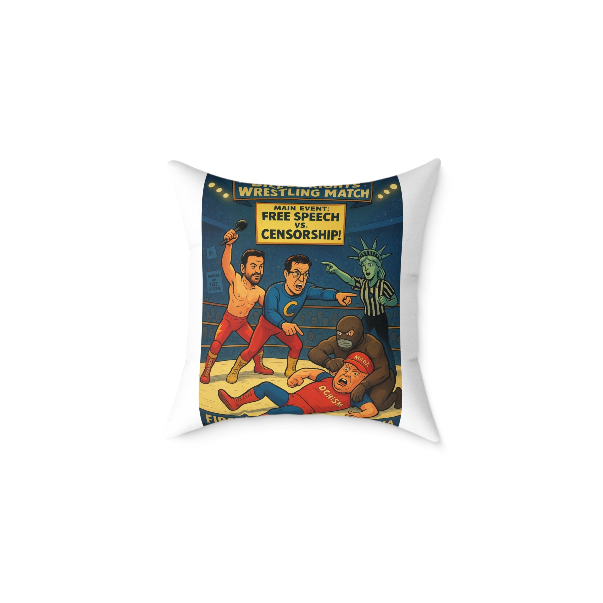 Free Speech Wrestling Match Pillow, Fun Throw Pillow, Unique Home Decor, Gift for Activists, Quirky Cushion, Humor Decorative Pillow