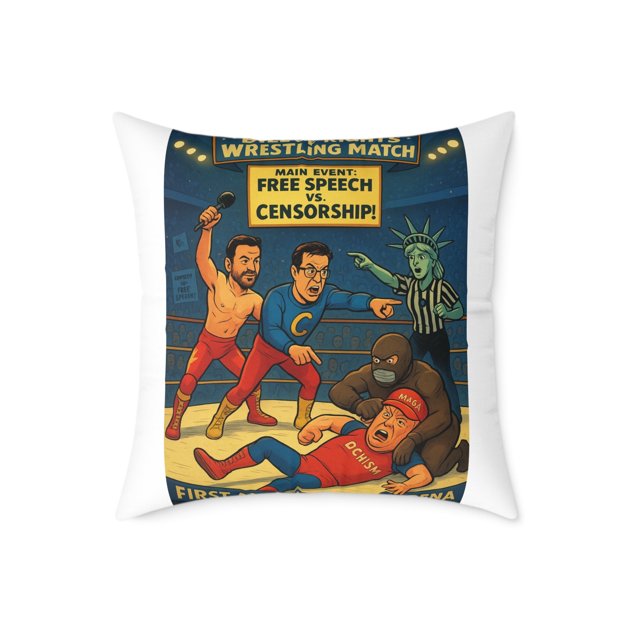 Free Speech Wrestling Match Pillow, Fun Throw Pillow, Unique Home Decor, Gift for Activists, Quirky Cushion, Humor Decorative Pillow