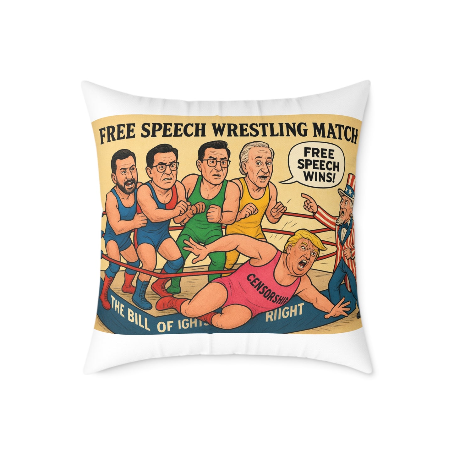 Free Speech Wrestling Match Pillow, Fun Throw Pillow, Unique Home Decor, Gift for Activists, Quirky Cushion, Humor Decorative Pillow