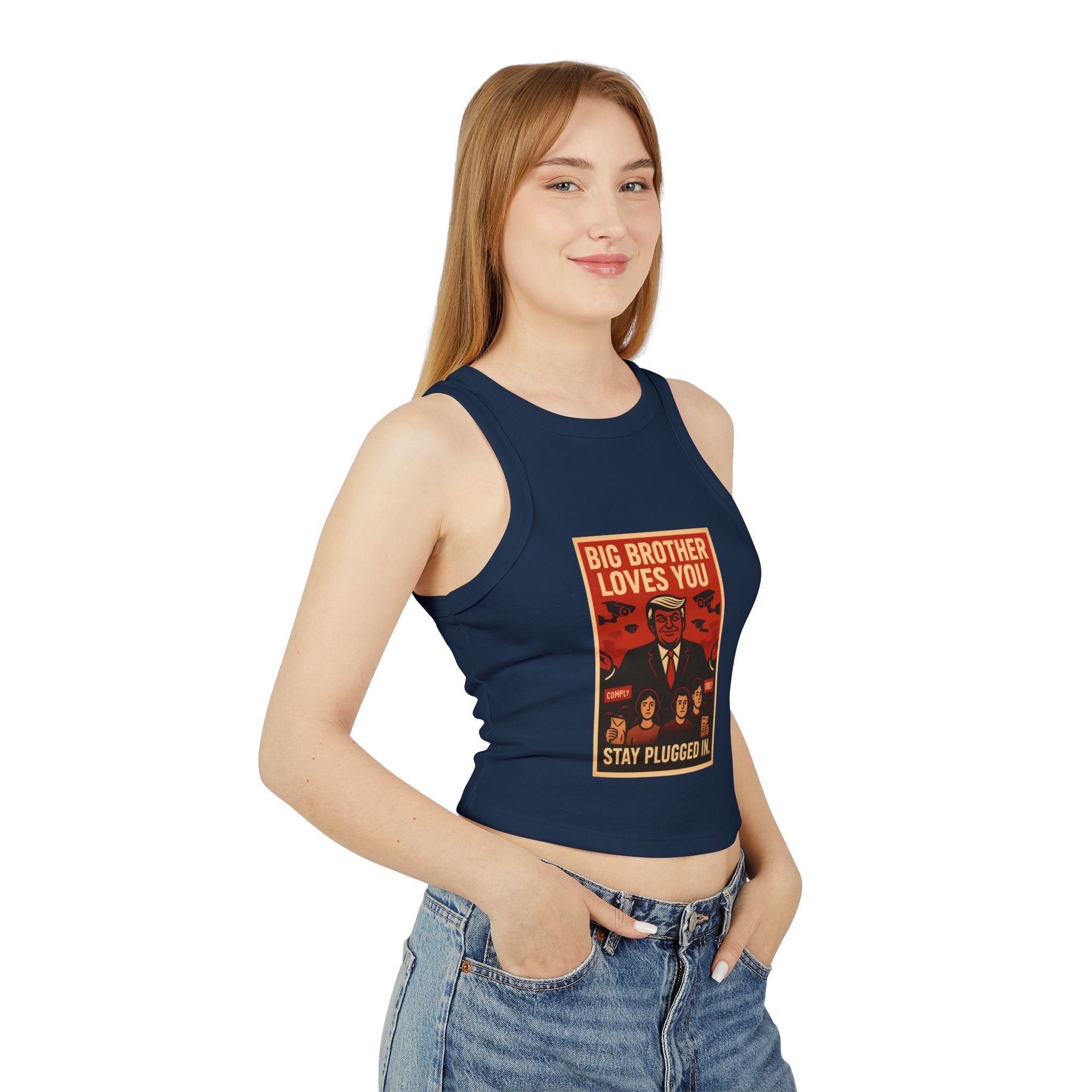 Women's Vintage-Inspired Racer Tank Top - "Big Brother Loves You" - Retro Gift, Summer Outfit, Statement Top, Festival Fashion, Graphic Tank