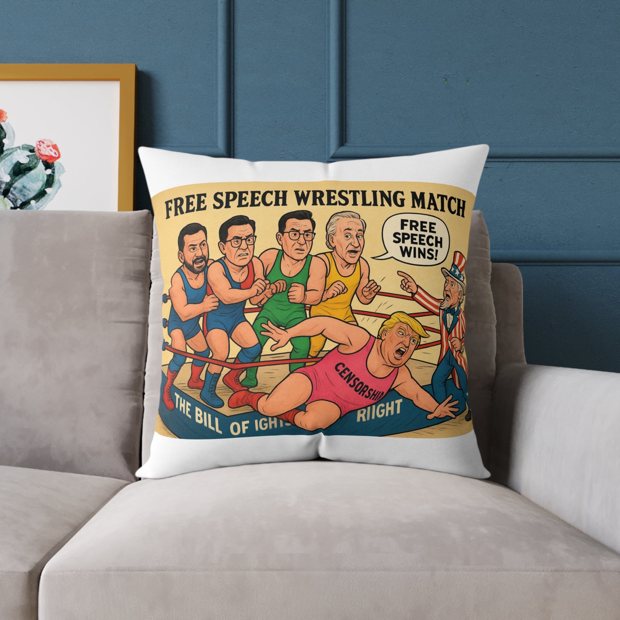Free Speech Wrestling Match Pillow, Fun Throw Pillow, Unique Home Decor, Gift for Activists, Quirky Cushion, Humor Decorative Pillow