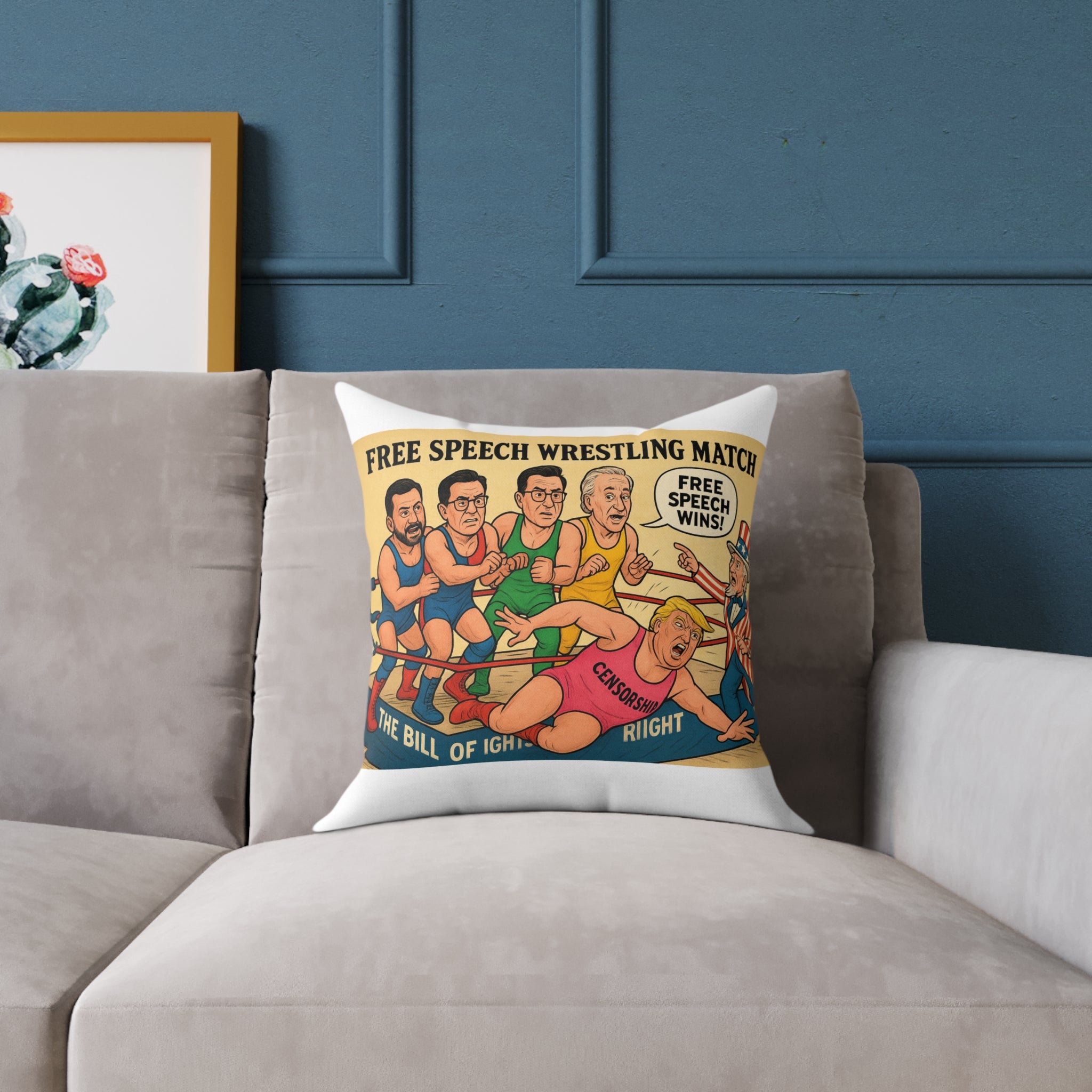 Free Speech Wrestling Match Pillow, Fun Throw Pillow, Unique Home Decor, Gift for Activists, Quirky Cushion, Humor Decorative Pillow