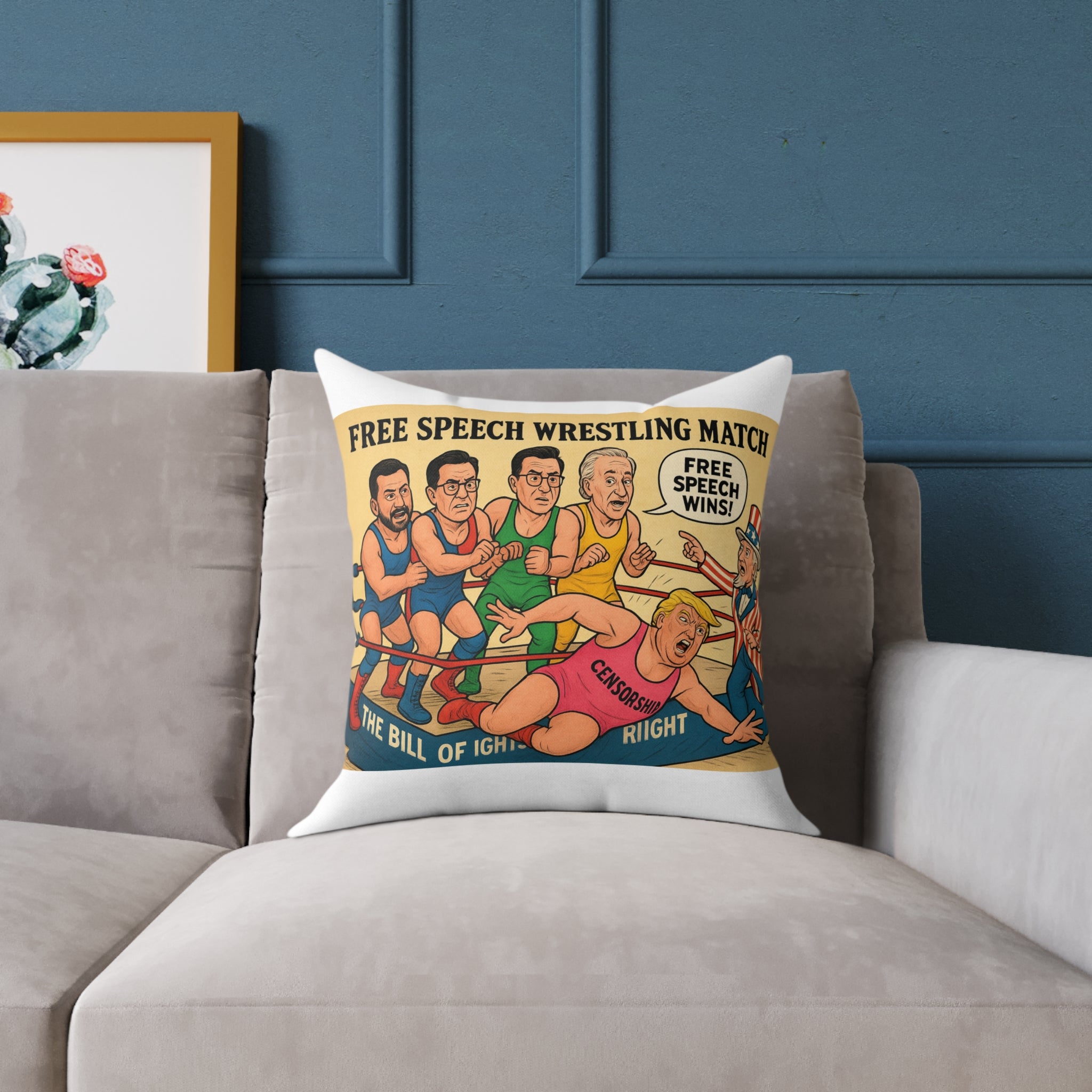 Free Speech Wrestling Match Pillow, Fun Throw Pillow, Unique Home Decor, Gift for Activists, Quirky Cushion, Humor Decorative Pillow