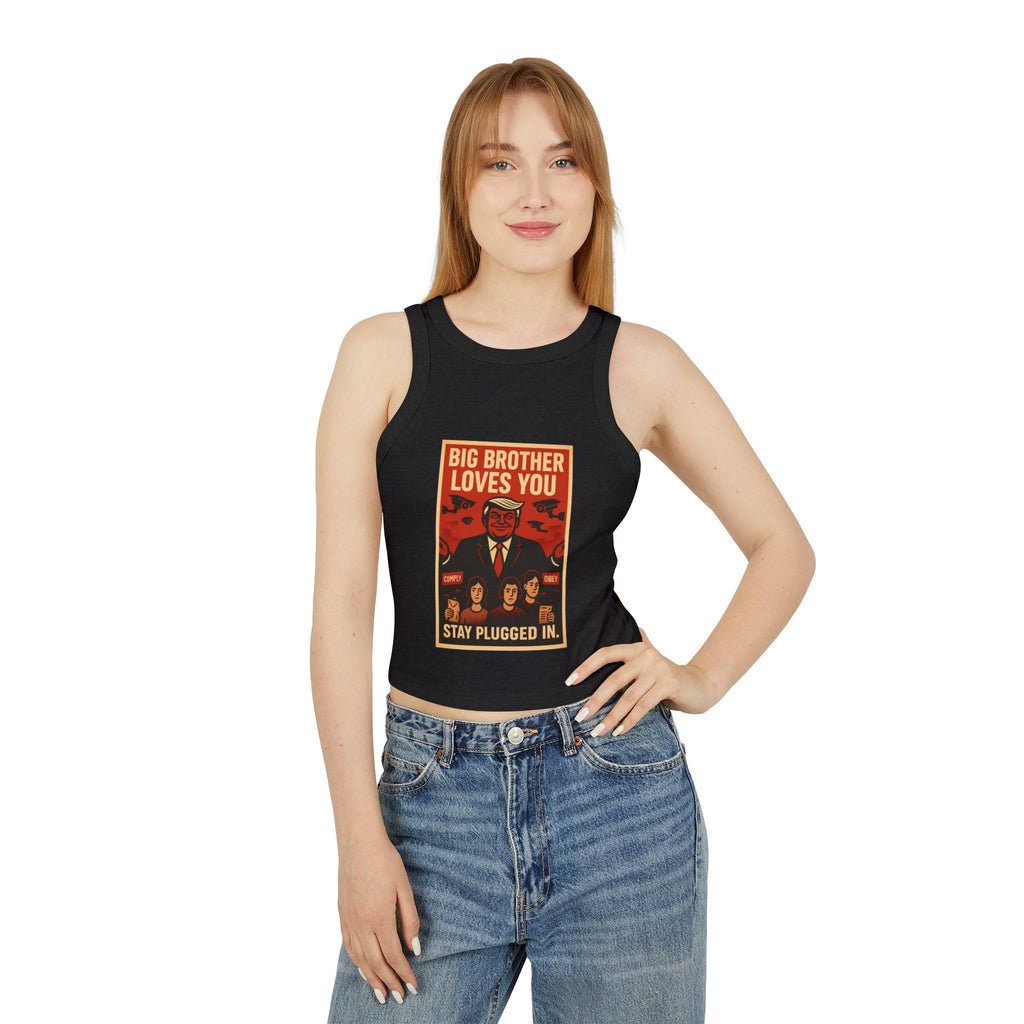 Women's Vintage-Inspired Racer Tank Top - "Big Brother Loves You" - Retro Gift, Summer Outfit, Statement Top, Festival Fashion, Graphic Tank