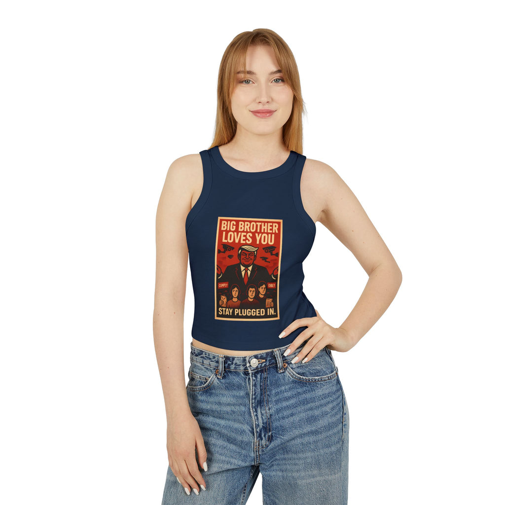 Women's Vintage-Inspired Racer Tank Top - "Big Brother Loves You" - Retro Gift, Summer Outfit, Statement Top, Festival Fashion, Graphic Tank