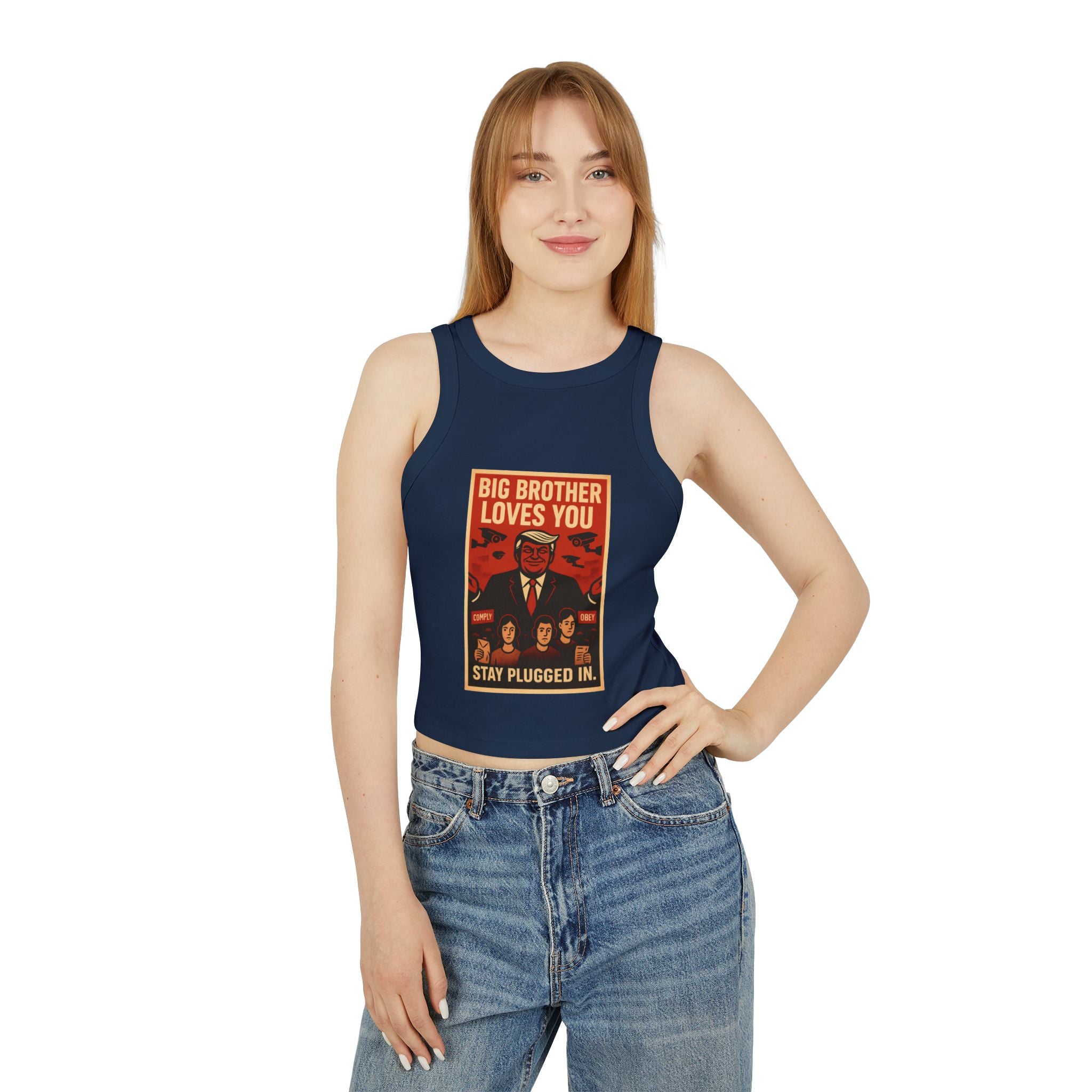Women's Vintage-Inspired Racer Tank Top - "Big Brother Loves You" - Retro Gift, Summer Outfit, Statement Top, Festival Fashion, Graphic Tank