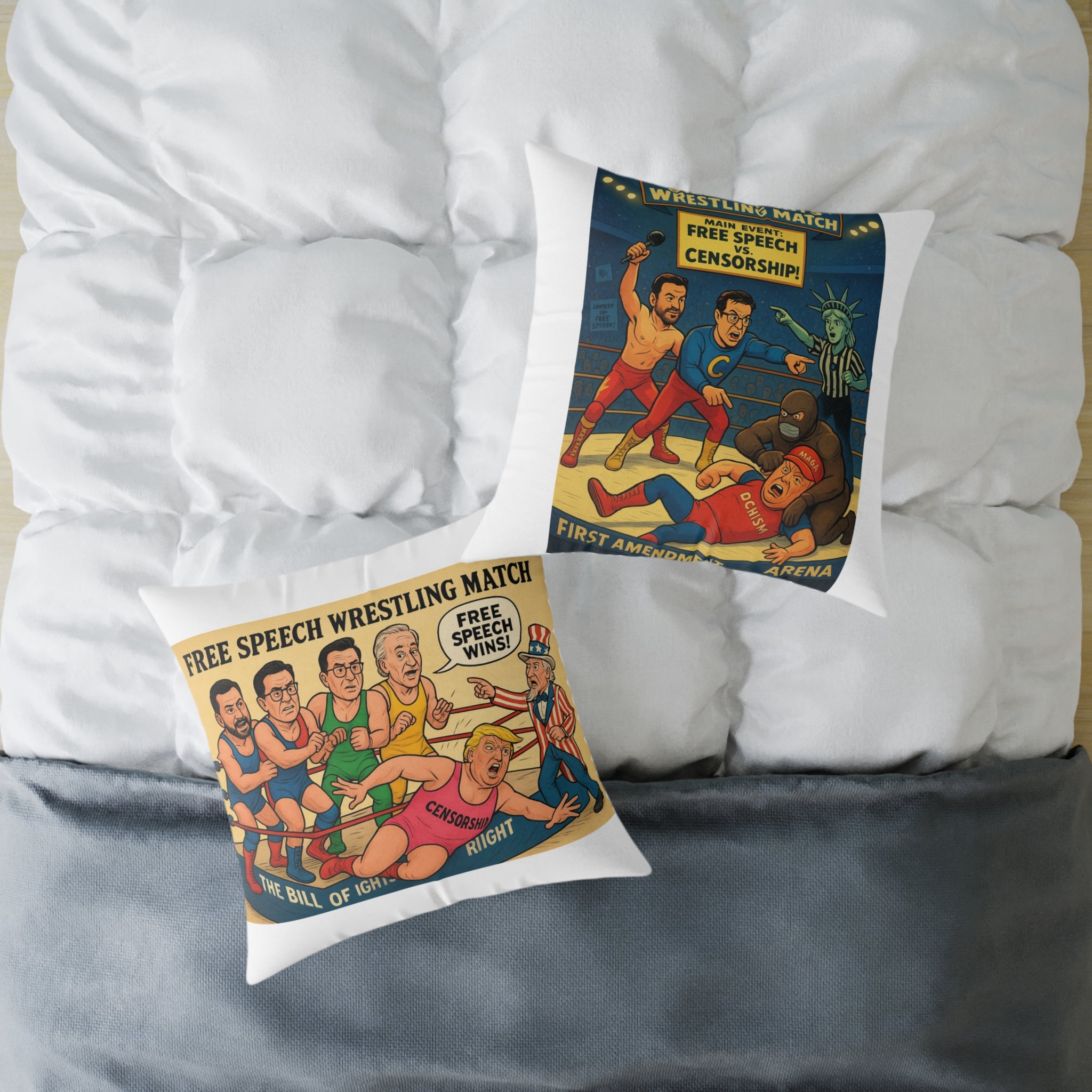 Free Speech Wrestling Match Pillow, Fun Throw Pillow, Unique Home Decor, Gift for Activists, Quirky Cushion, Humor Decorative Pillow