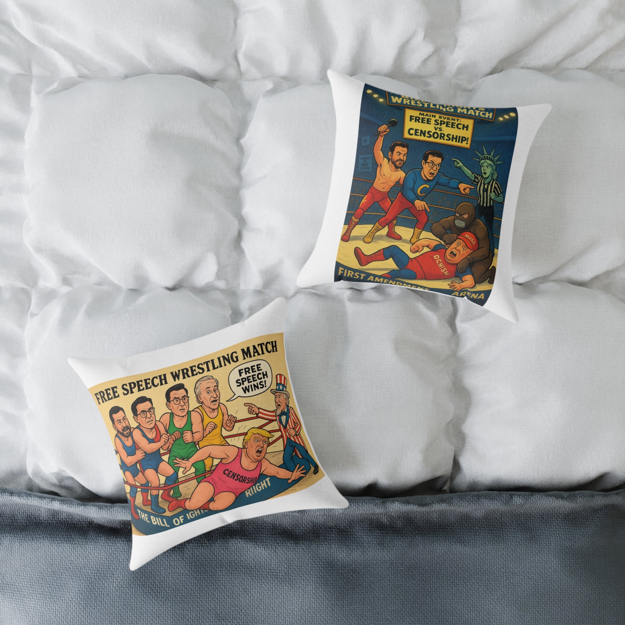 Free Speech Wrestling Match Pillow, Fun Throw Pillow, Unique Home Decor, Gift for Activists, Quirky Cushion, Humor Decorative Pillow