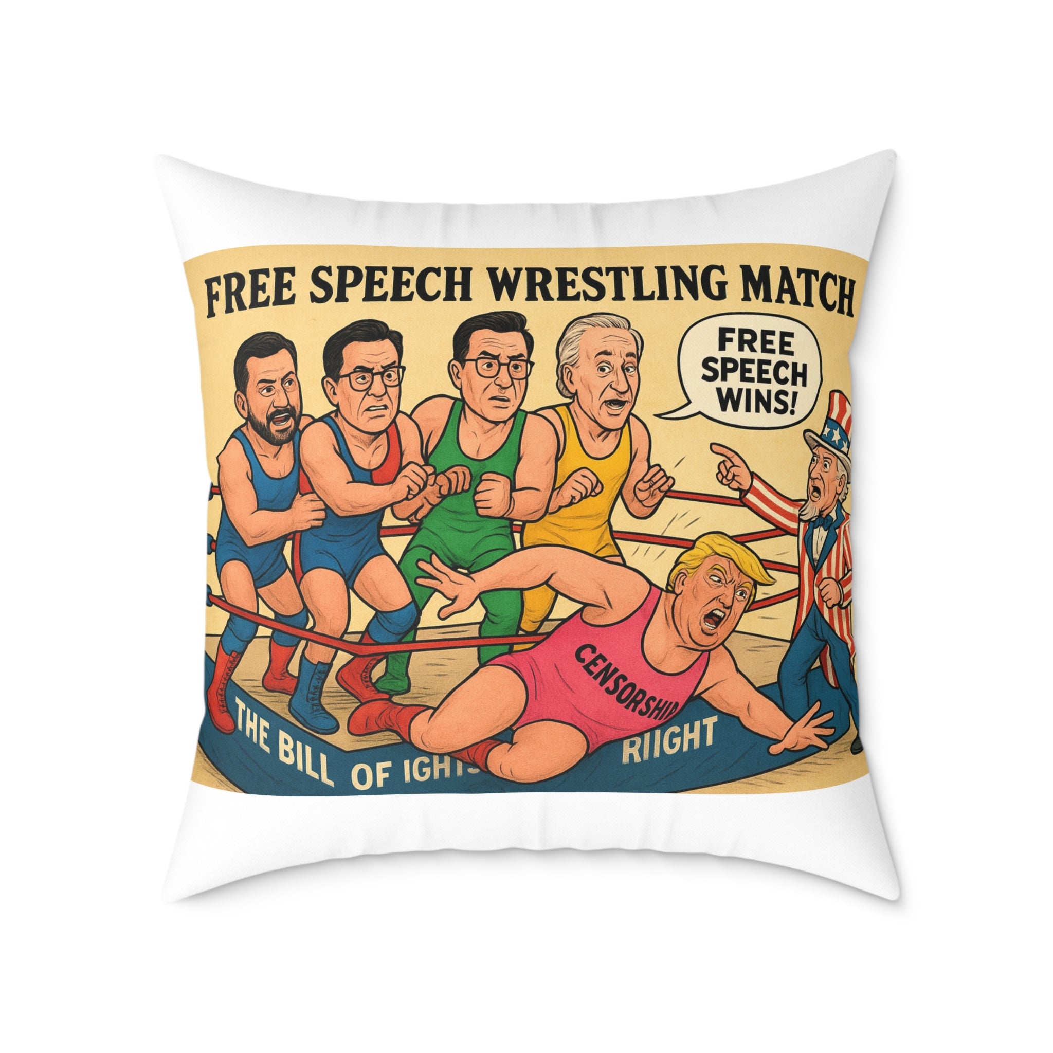 Free Speech Wrestling Match Pillow, Fun Throw Pillow, Unique Home Decor, Gift for Activists, Quirky Cushion, Humor Decorative Pillow