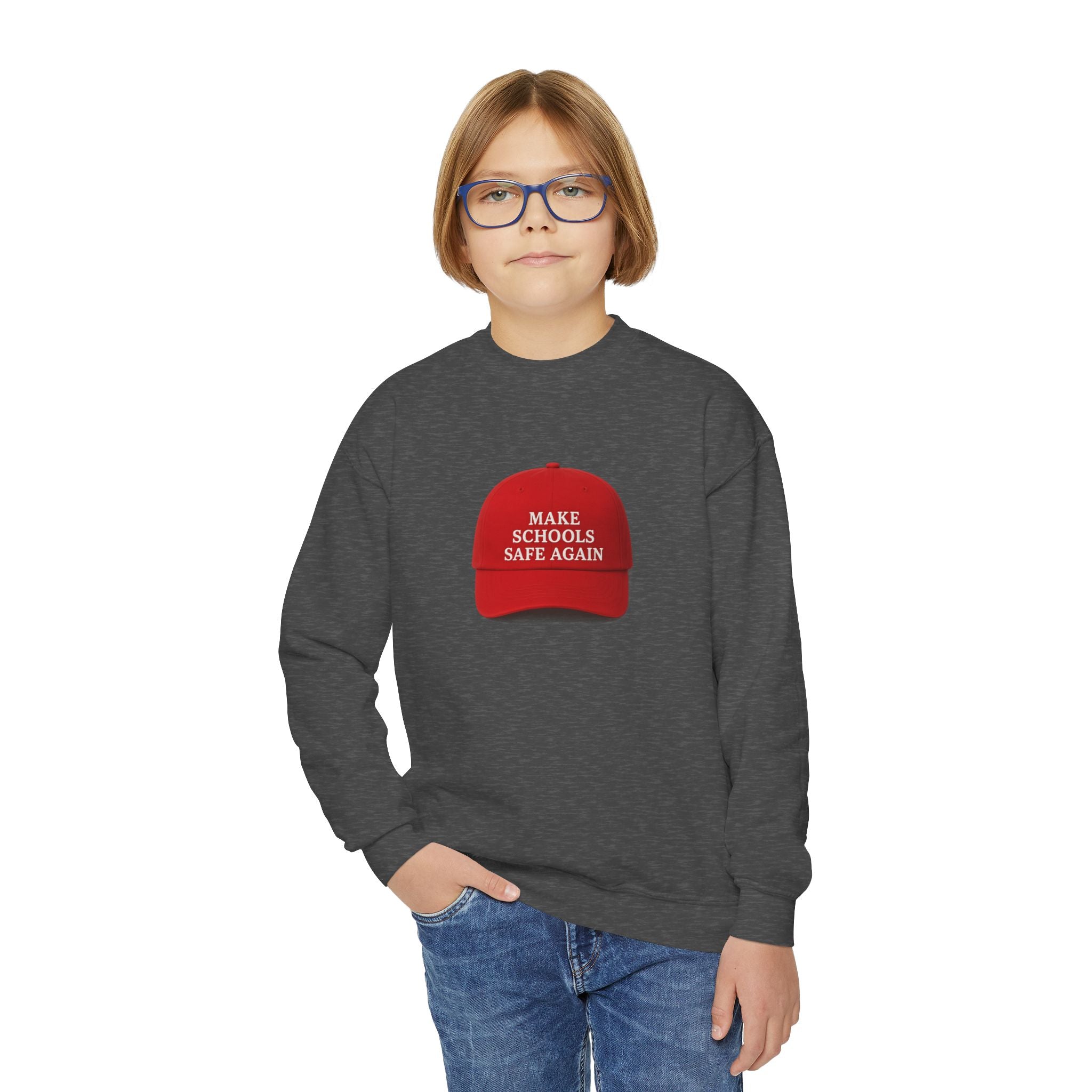 Youth Crewneck Sweatshirt - "Make Schools Safe Again" - Perfect for Activism, School Events, Gifts, Youth Apparel, Casual Fashion