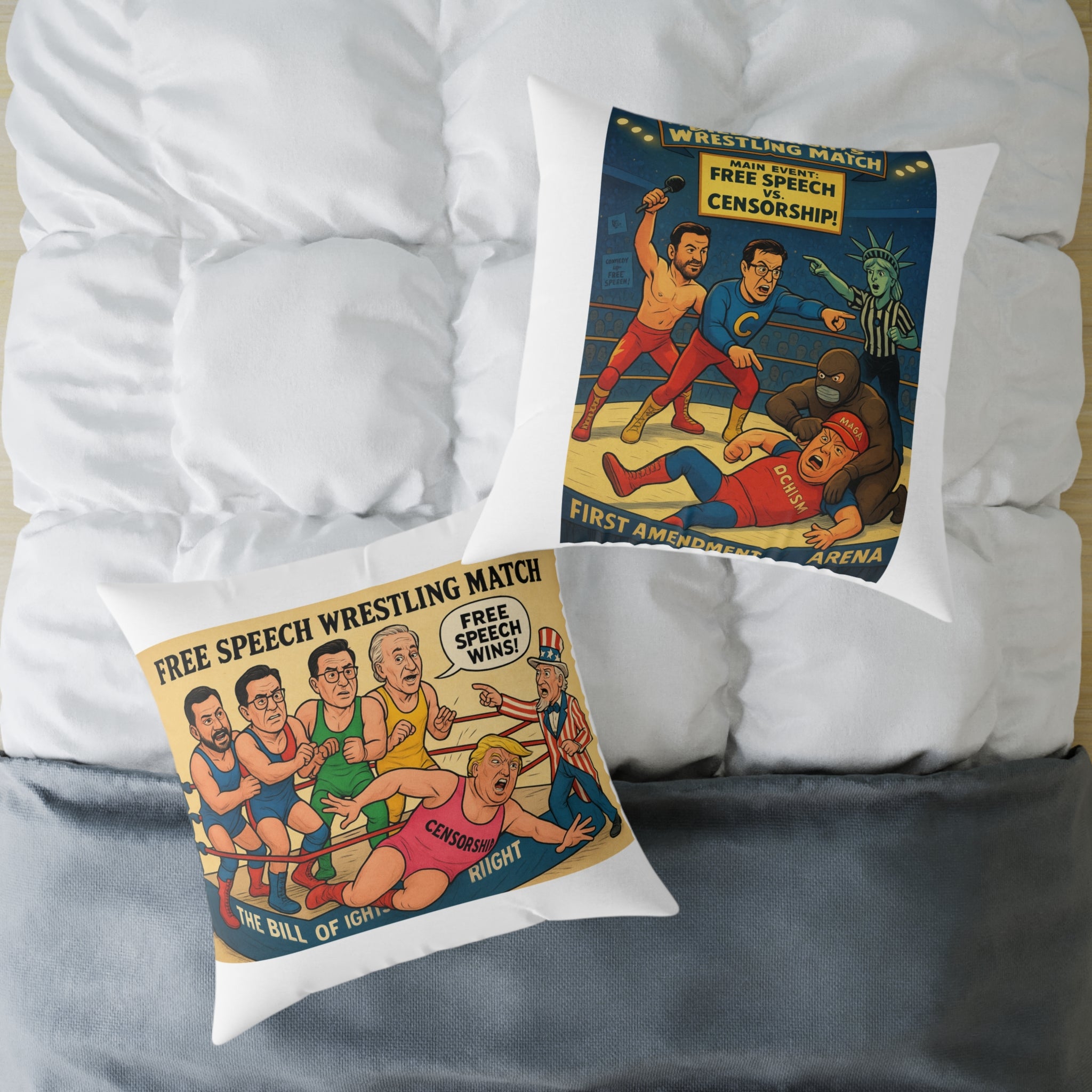 Free Speech Wrestling Match Pillow, Fun Throw Pillow, Unique Home Decor, Gift for Activists, Quirky Cushion, Humor Decorative Pillow