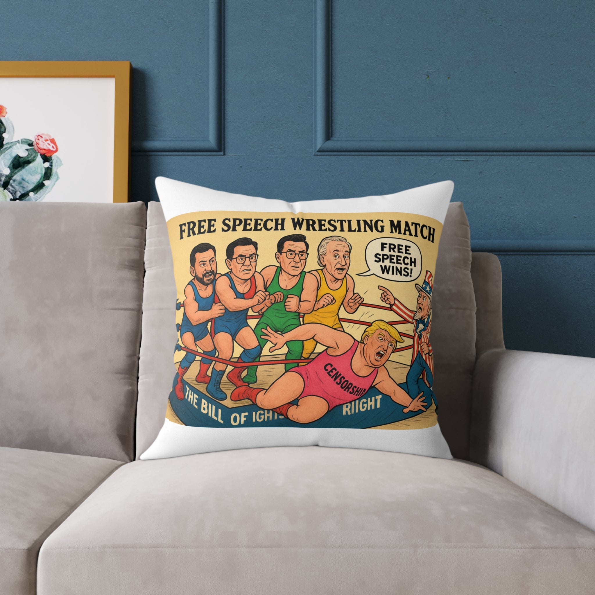 Free Speech Wrestling Match Pillow, Fun Throw Pillow, Unique Home Decor, Gift for Activists, Quirky Cushion, Humor Decorative Pillow