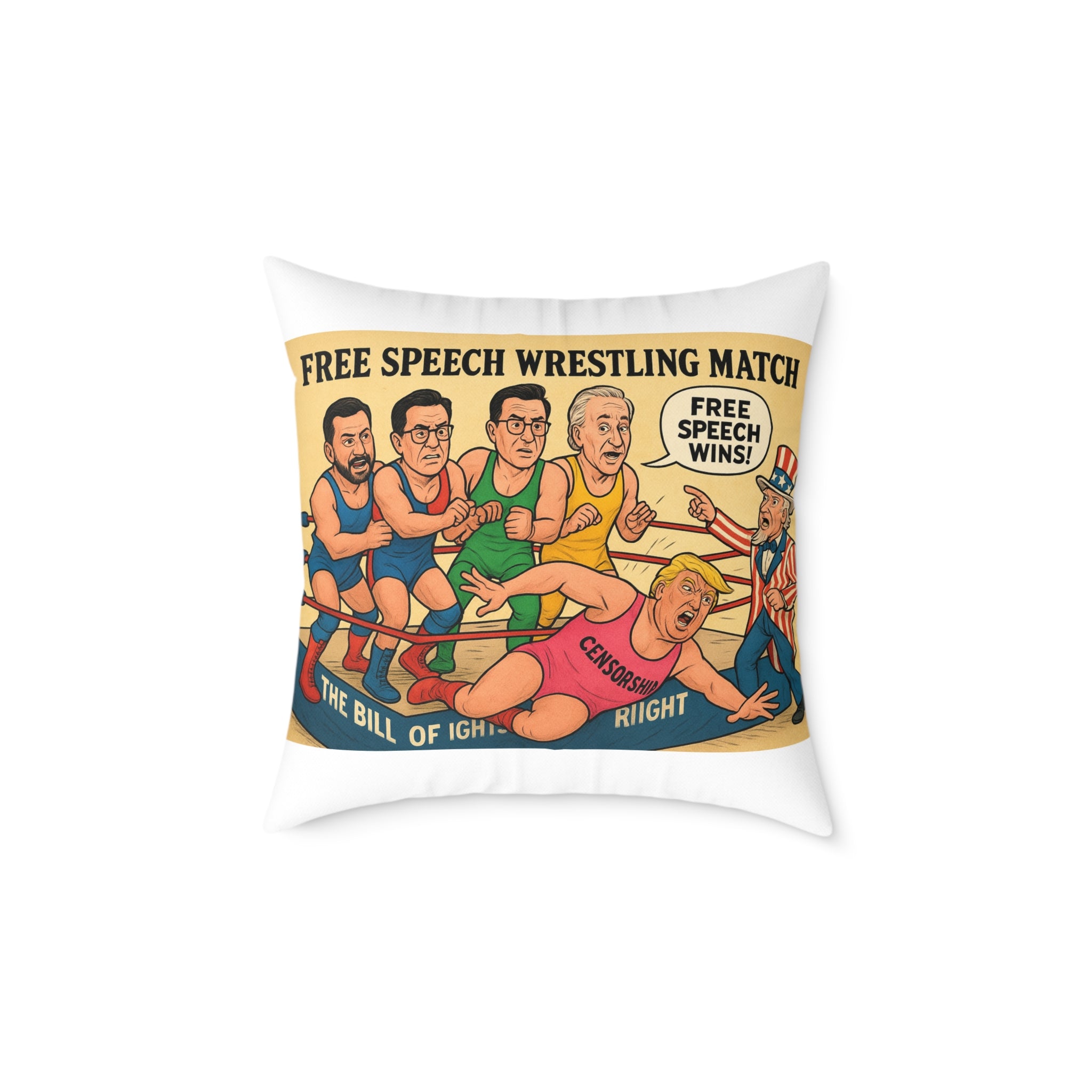 Free Speech Wrestling Match Pillow, Fun Throw Pillow, Unique Home Decor, Gift for Activists, Quirky Cushion, Humor Decorative Pillow