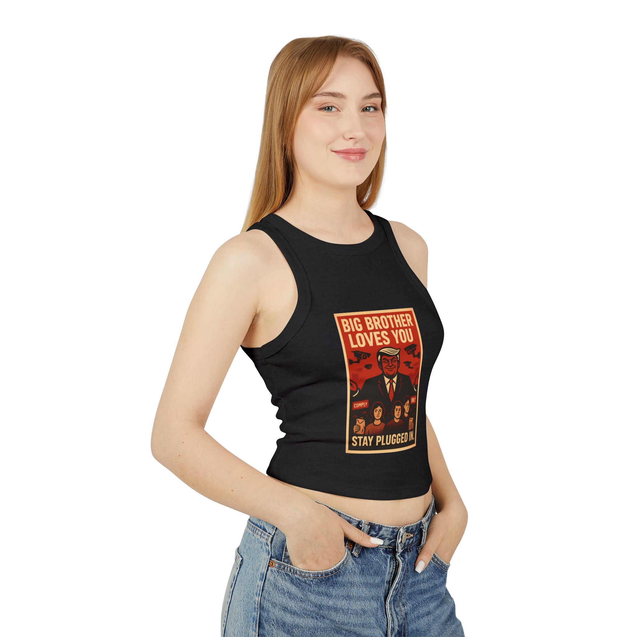 Women's Vintage-Inspired Racer Tank Top - "Big Brother Loves You" - Retro Gift, Summer Outfit, Statement Top, Festival Fashion, Graphic Tank