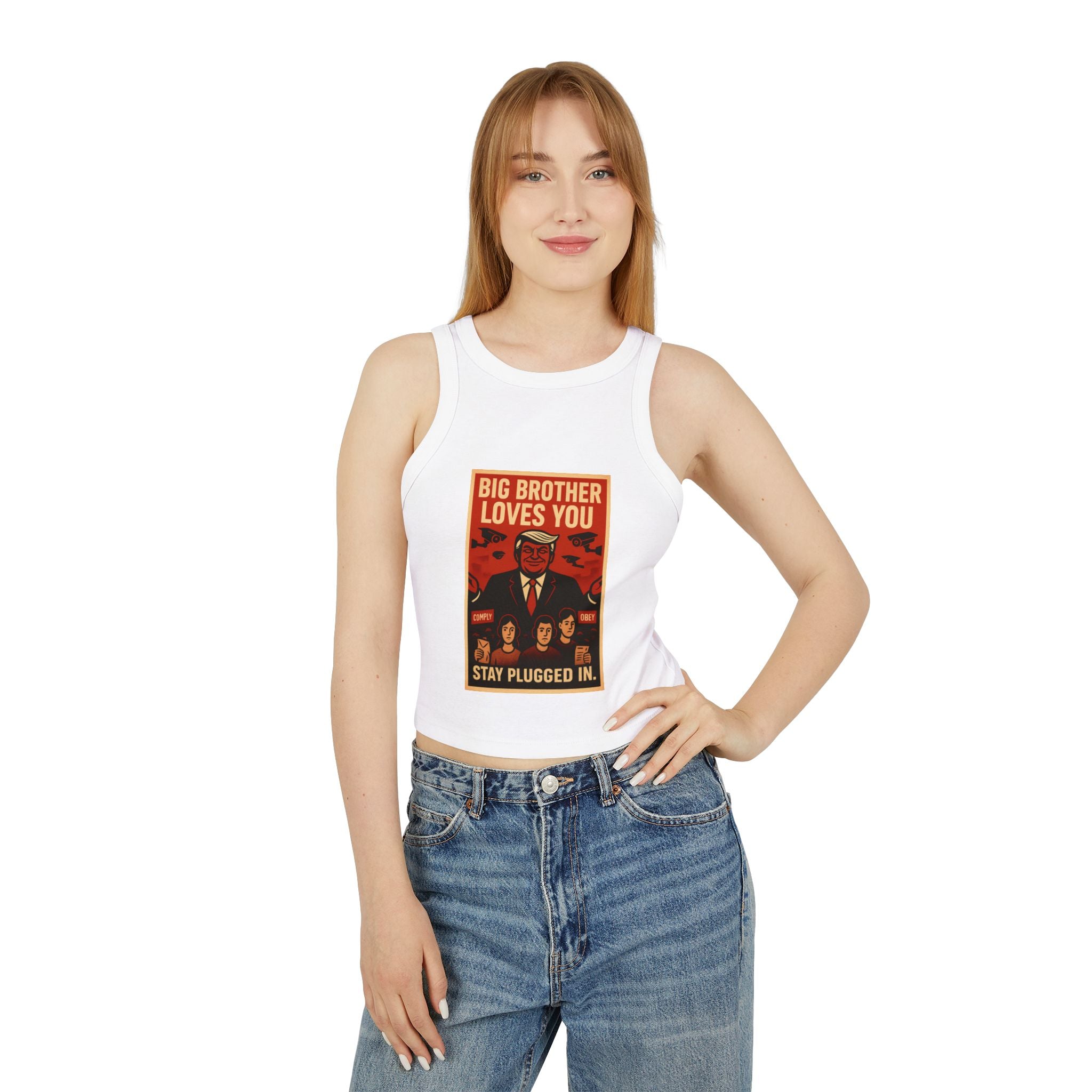 Women's Vintage-Inspired Racer Tank Top - "Big Brother Loves You" - Retro Gift, Summer Outfit, Statement Top, Festival Fashion, Graphic Tank